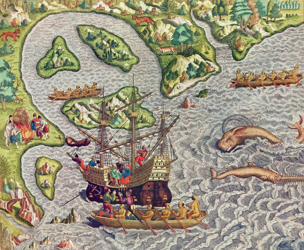 Americae Tertia Pars, laivaan nouseminen barbaariveneen avulla barbaariveneen avulla (sivu 333), 1562 (värikaiverrus). tekijältä Theodore de Bry