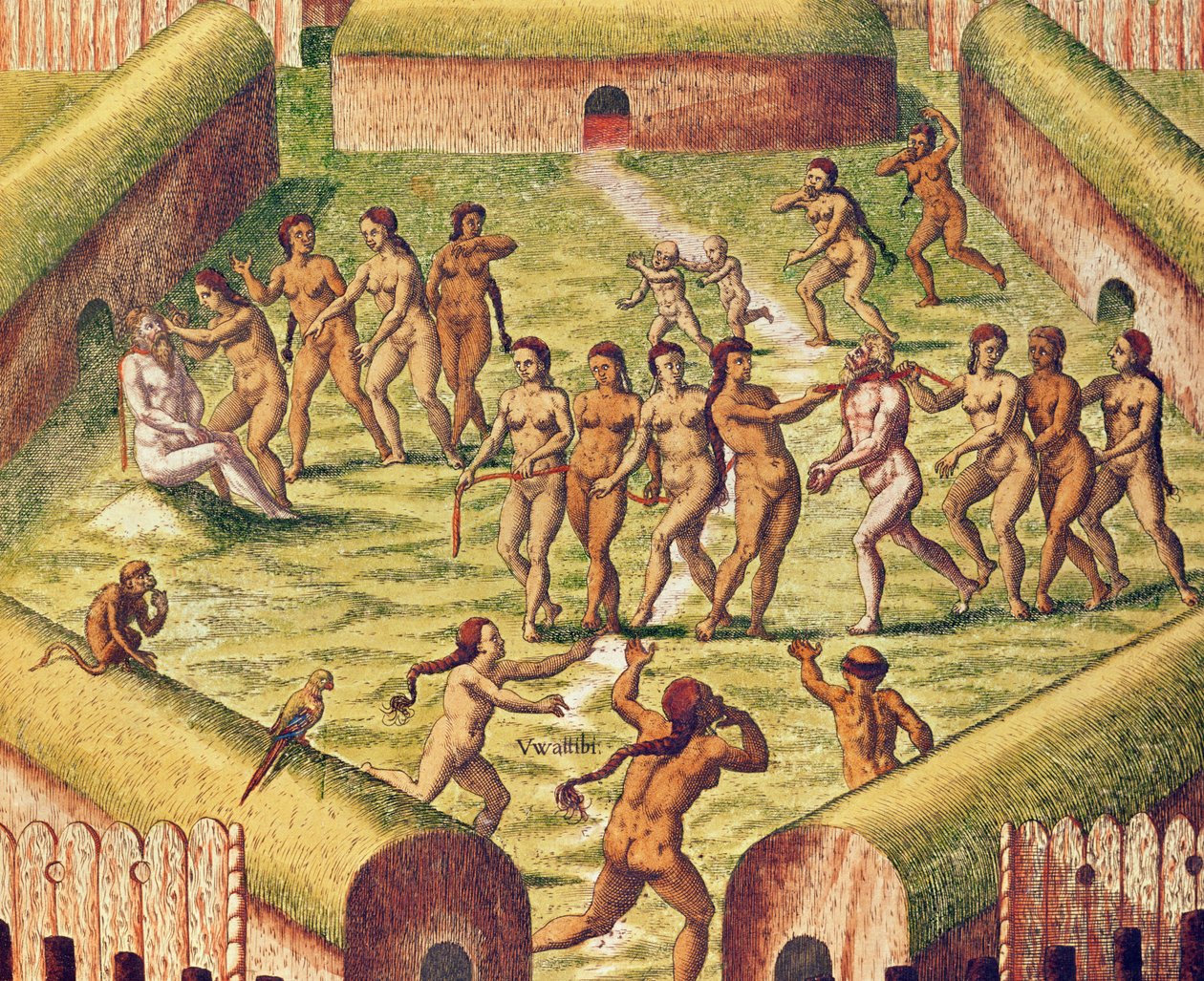 Americae Tertia Pars, vanki keskellä intiaanikylää (sivu 353), 1562 (värikaiverrus) tekijältä Theodore de Bry