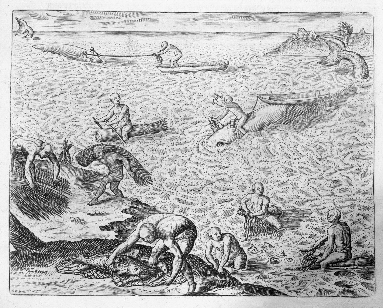 Amerikan intiaanien valaanpyyntimenetelmä, Jose de Acostan kertomuksesta, Johann Ludwig Gottfriedin "Newe Welt und Americanische Historien" -julkaisusta, julkaisija Mattaeus Merian, Frankfurt, 1631 tekijältä Theodore de Bry