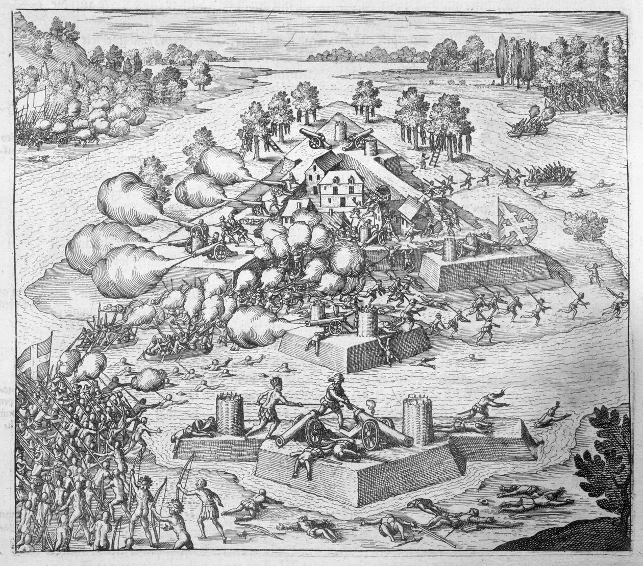 Ranskan protestanttisten uudisasukkaiden tuhoaminen, Fort Charles, Florida, 1562, Johann Ludwig Gottfriedin "Newe Welt und Americanische Historien" -julkaisusta, julkaisija Mattaeus Merian, Frankfurt, 1631 (eng. tekijältä Theodore de Bry