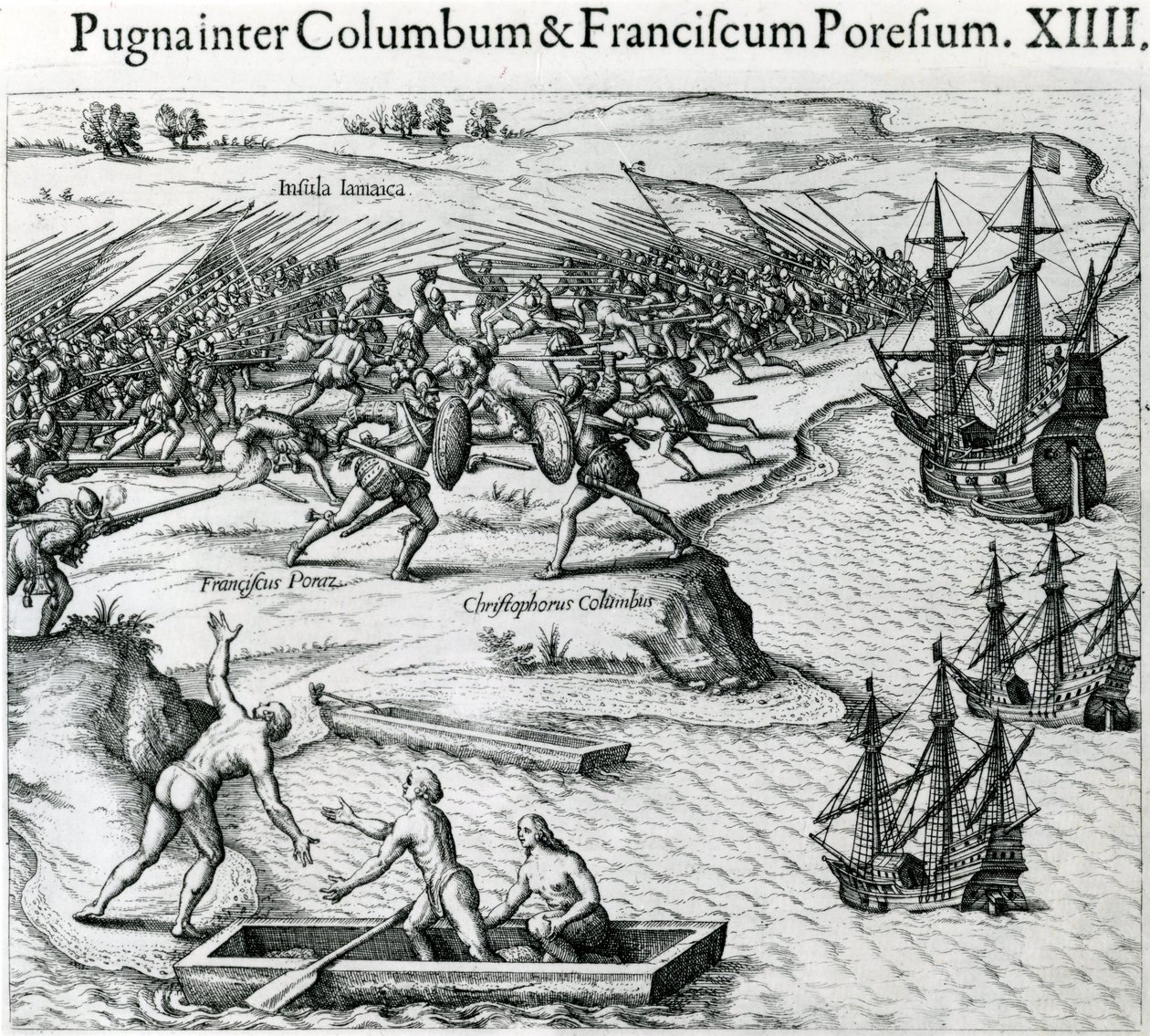 Taistelu Jamaikalla Christopher Columbuksen (1451-1506) ja Francisco Porazin välillä, 1504, Johann Ludwig Gottfriedin teoksesta "Mewe Welt und Americanische Historien", julkaisija Mattaeus Merian, Frankfurt, tekijältä Theodore de Bry