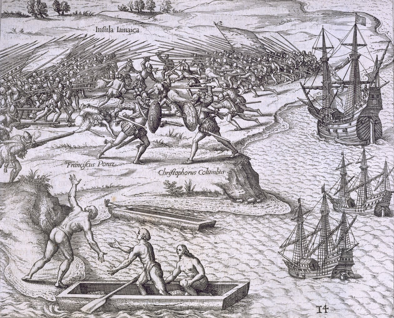 Taistelu Jamaikalla Christopher Columbuksen (1451-1506) ja Francisco Porazin välillä, 1504, Johann Ludwig Gottfriedin teoksesta "Mewe Welt und Americanische Historien", julkaisija Mattaeus Merian, Frankfurt, tekijältä Theodore de Bry