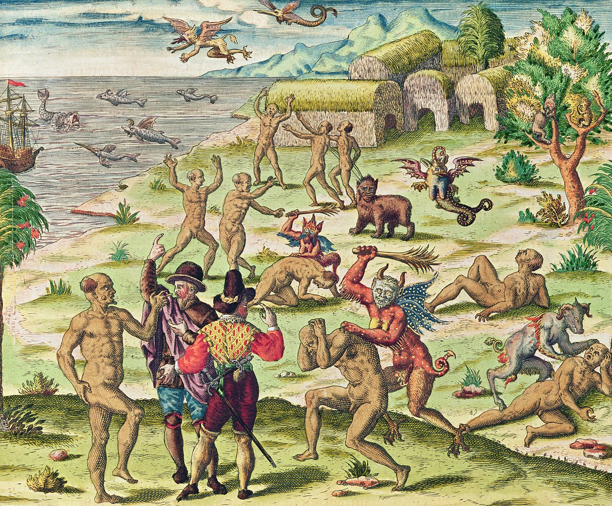 Cacodemon hyökkäämässä villejä vastaan, "Americae Tertia Pars...", 1562 tekijältä Theodore de Bry