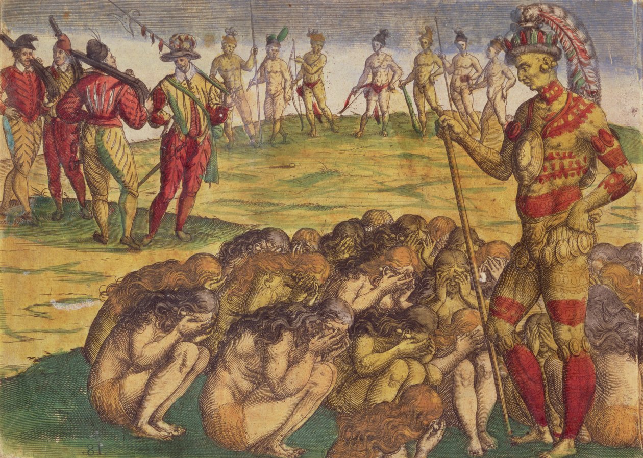 Espanjalaisten siirtolaisten vangitsemat atsteekit, kirjan kuvitus, n. 1550 tekijältä Theodore de Bry
