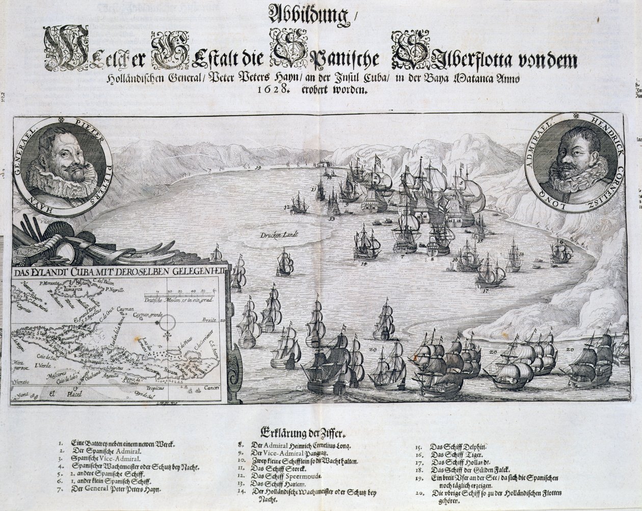 Hollantilaiset valtasivat Espanjan laivaston amiraali Piet Heynin (1578-1629) johdolla Matanzasissa, Kuubassa, 1628 Johann Ludwig Gottfriedin "Newe Welt und Americanische Historien" -teoksesta, julkaisija Mattaeus M. tekijältä Theodore de Bry