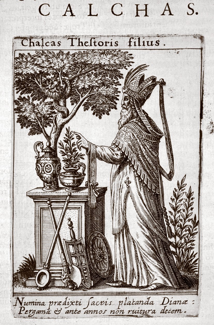Chalcas, kreikkalaisten ennustaja Troijan piirityksessä, Jean-Jacques Boissardin Tractatus Posthumisista n. 1605 tekijältä Theodore de Bry