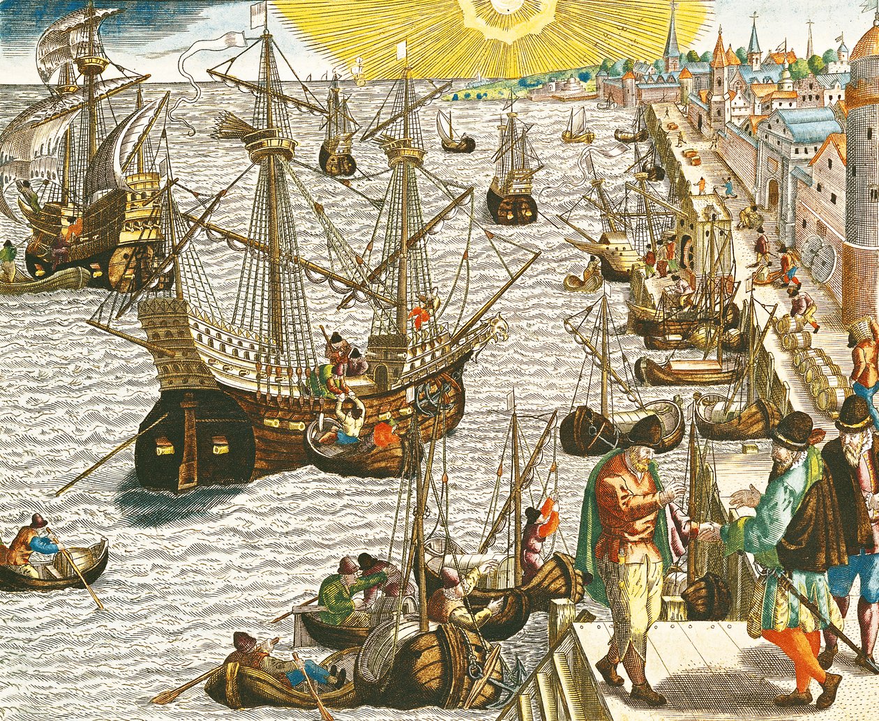 Lähtö Lissabonista Brasiliaan, Itä-Intiaan ja Amerikkaan, kuvitus julkaisusta "Americae Tertia Pars...", 1592 tekijältä Theodore de Bry