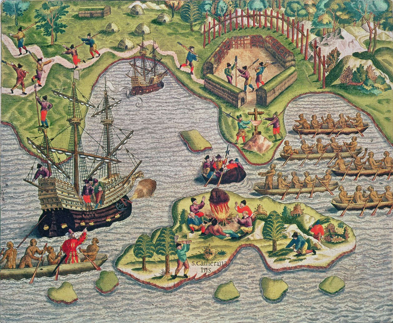 Ristin löytäminen kivien joukosta, kirjasta "Americae Tertia Pars...", 1562 tekijältä Theodore de Bry