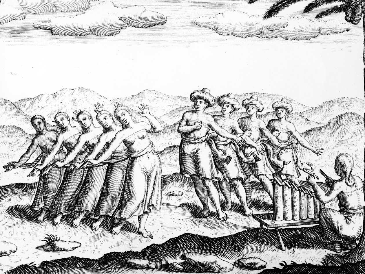 Javanese Dancers, Theodore de Bryn ja Johann Israel de Bryn teoksesta "India Orientalis", n. 1599 tekijältä Theodore de Bry