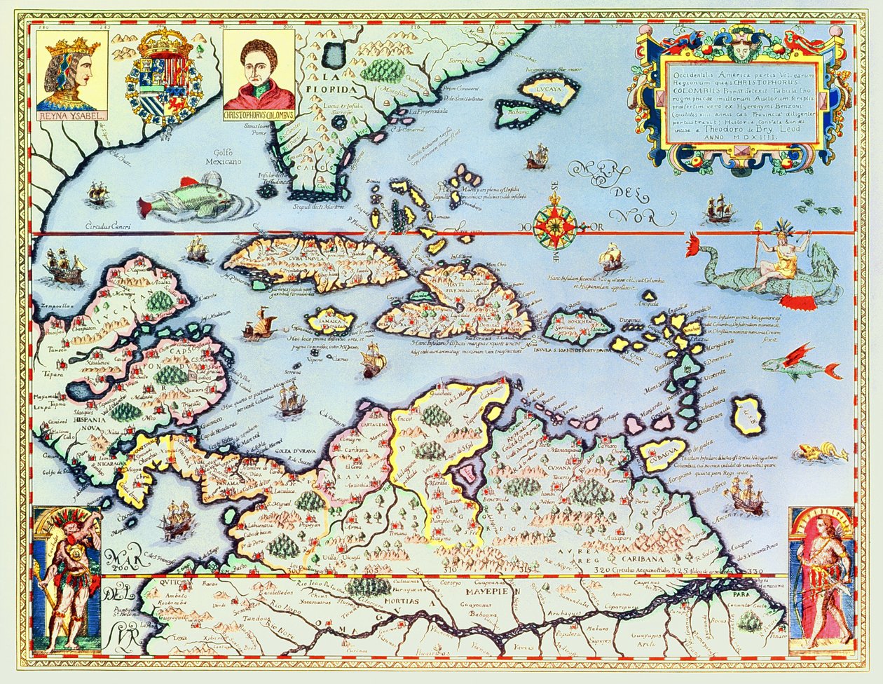 Karibian saarten ja Yhdysvaltain Floridan osavaltion kartta tekijältä Theodore de Bry