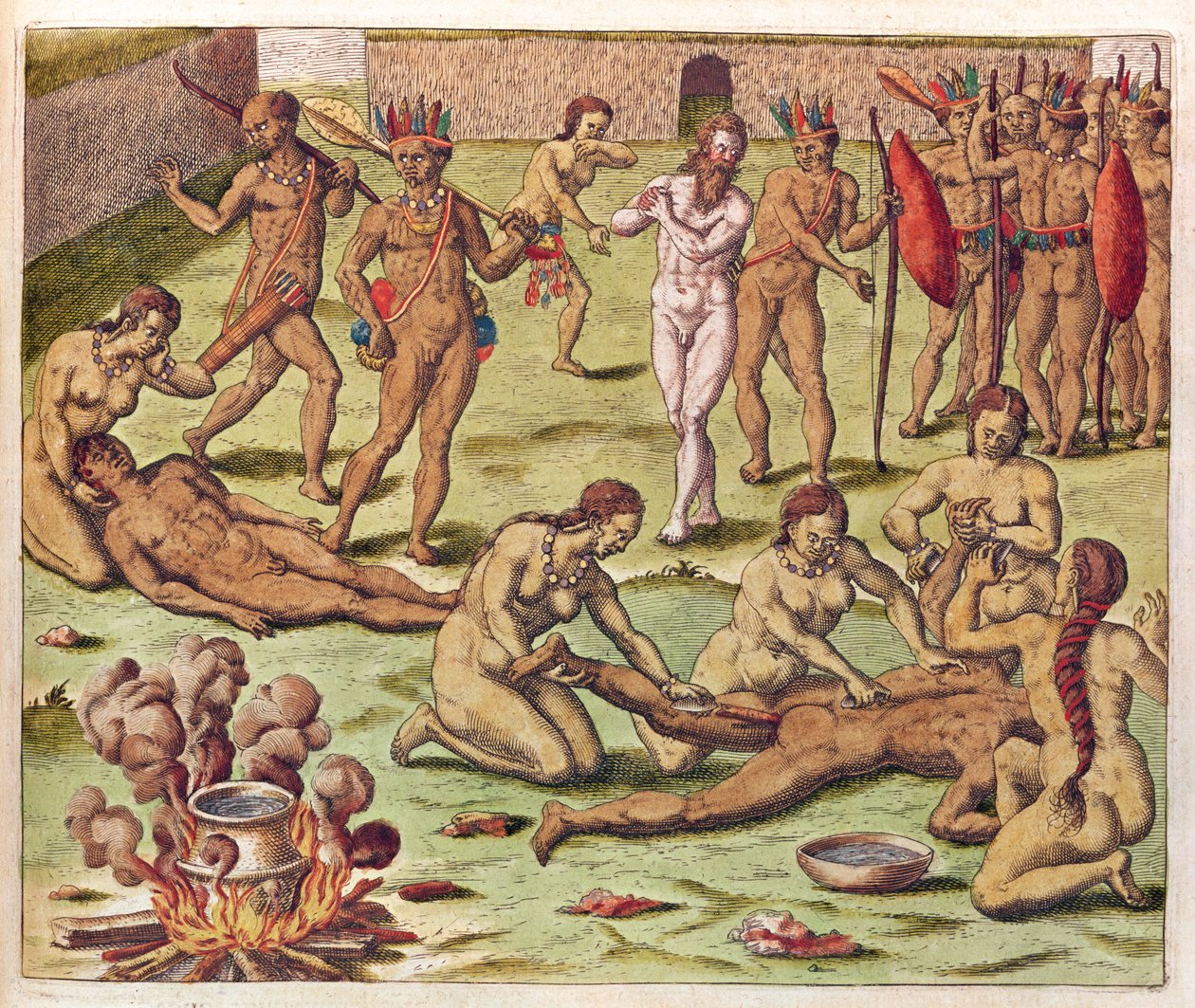 Navigointi Brasilian Amerikassa, Barbaarin uhri (sivu 525), 1563 (värikaiverrus) tekijältä Theodore de Bry