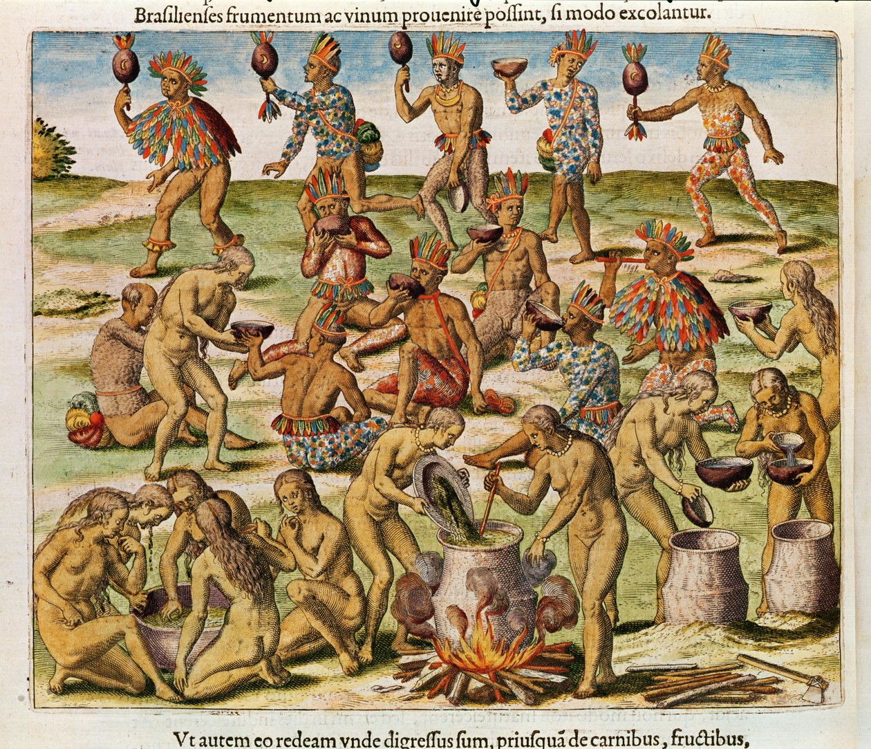 Navigointi Brasilian Amerikassa, maissista ja vehnästä valmistetun juoman valmistus (sivu 486), 1563 (värikaiverrus) tekijältä Theodore de Bry