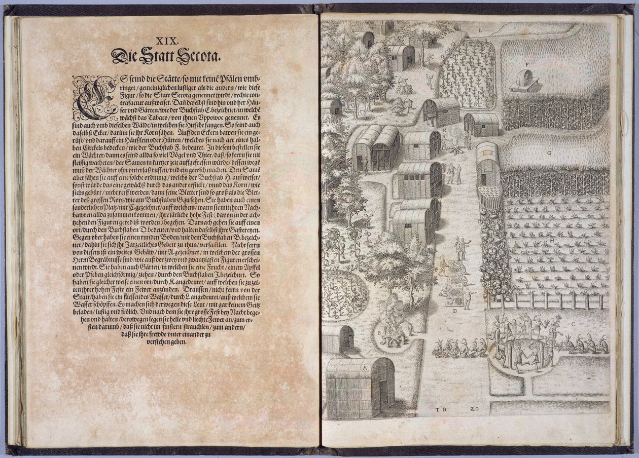 Sivu XIX Secota Villagen kanssa, Johann Wechelin vuonna 1600 painamasta "Lyhytelmä ja todellinen raportti Virginian uudesta maasta, Grand Voyagesista" tekijältä Theodore de Bry