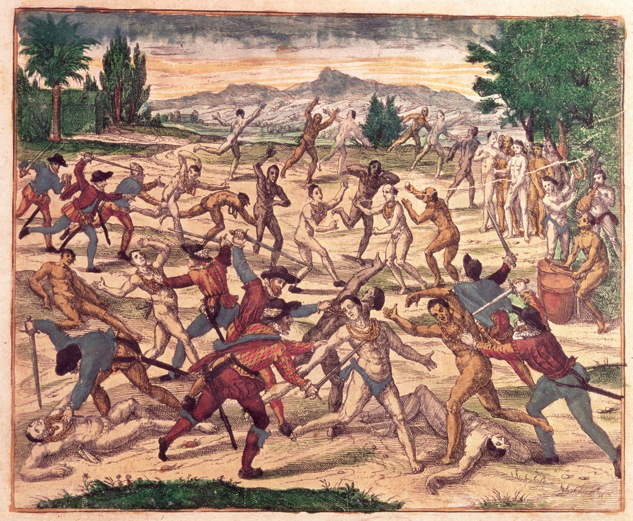 Pedro de Alvarado ja hänen sotilaansa teurastamassa atsteekkeja, noin 1520 tekijältä Theodore de Bry