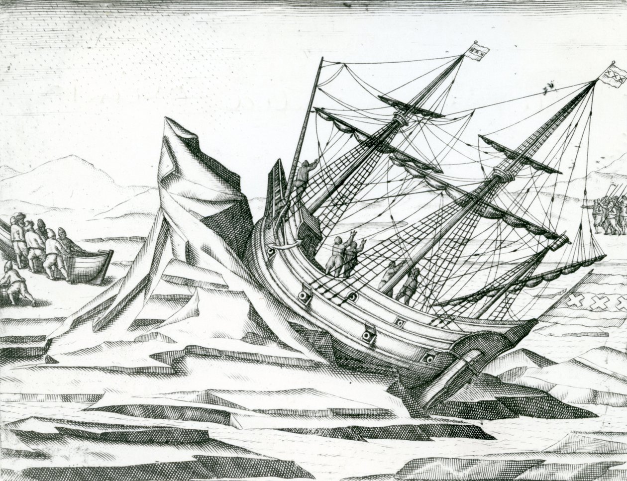 Purjelaiva juuttunut jäävuorelle, kuva "India Orientalis" vuodelta 1598 tekijältä Theodore de Bry