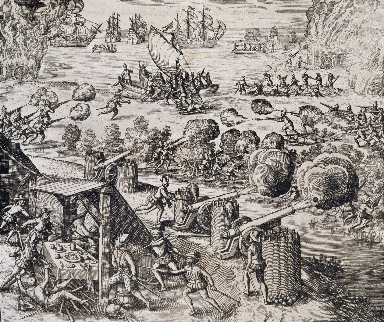 Alankomaiden laivasto hyökkää espanjalaiseen Gratiosan linnoitukseen Gran Canarialla, Johann Ludwig Gottfriedin "Newe Welt und Americanische Historien" -julkaisusta, julkaisija Mattaeus Merian, Frankfurt, 1631 (engravi tekijältä Theodore de Bry