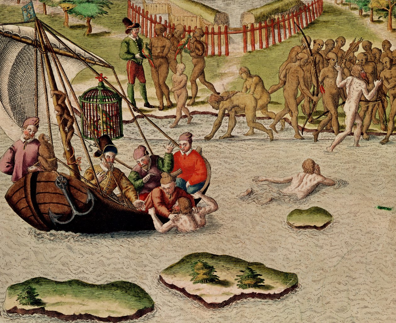 Ranskan alus laskeutuu ja epäonnistunut yritys vaihtaa vankeja, kirjasta "Americae Tertia Pars...", 1592 tekijältä Theodore de Bry