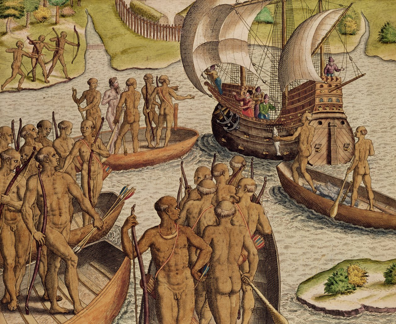 "Lusitanialaiset lähettävät toisen veneen minua kohti", kirjasta "Americae Tertia Pars...", 1592 tekijältä Theodore de Bry