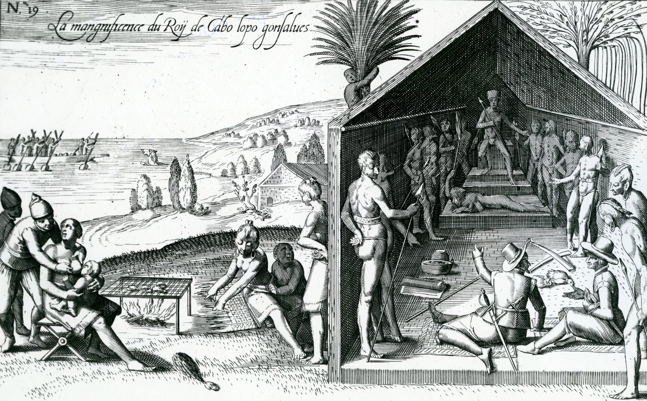 Kuningas vastaanottaa eurooppalaisia vieraita, Cape Lopez, Gabon, Afrikka, 1500-luku tekijältä Theodore de Bry