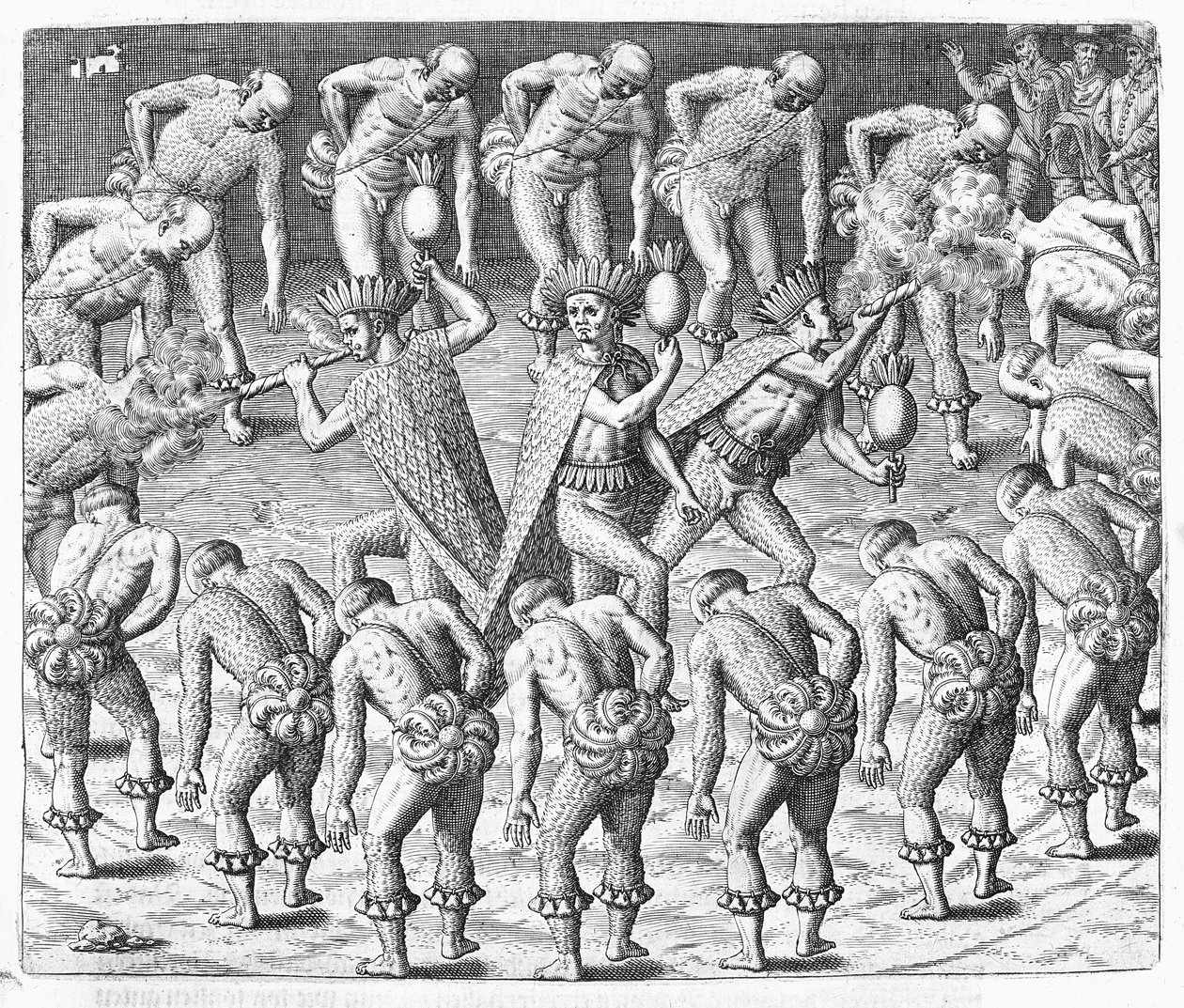 Tupinamba-intiaanit, joita Hans Staden havaitsi hänen matkallaan Brasiliaan, 1552, Johann Ludwig Gottfriedin "Newe Welt und Americanische Historien" -julkaisusta, julkaisija Mattaeus Merian, Frankfurt, 1631 (eng. tekijältä Theodore de Bry