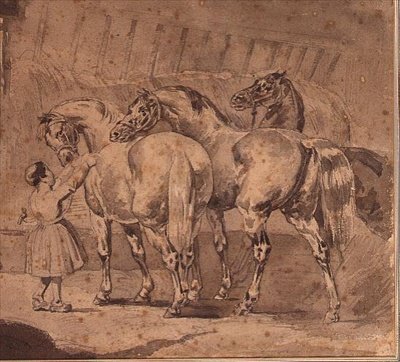 Pikkutyttö ruokkimassa hevosia tallissa (lyijykynä & harmaa pesuaine) tekijältä Theodore (attr. to) Gericault