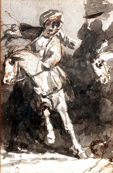 Lähitaistelukohtaus (kynä ja akvarelli) tekijältä Theodore (attr. to) Gericault