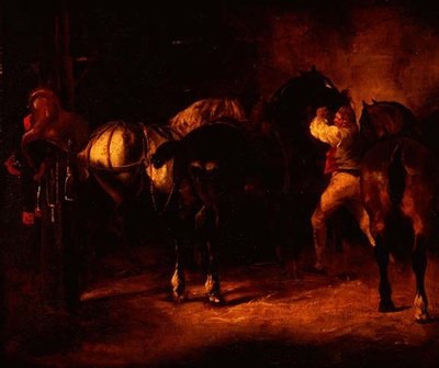 Kolme hevosta tallissa tekijältä Theodore (attr. to) Gericault