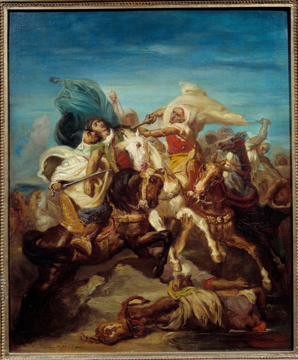 Theodore Chasseriau (1819-1856) maalaus arabien ratsumiesten taistelusta 1856 su. 0,65x0,54 m tekijältä Théodore Chassériau