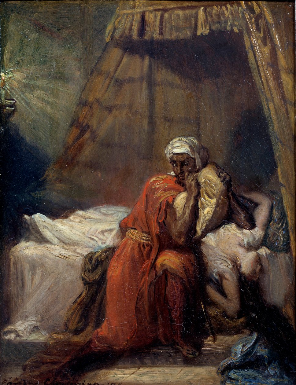 Desdemonen kuolema. Kuvitus William Shakespearen (1604) tragediasta "Othello tai Venetsian mauri" (Othello, Venetsian mauri). Theodore Chasseriaun (1819 - 1856) maalaus tekijältä Théodore Chassériau