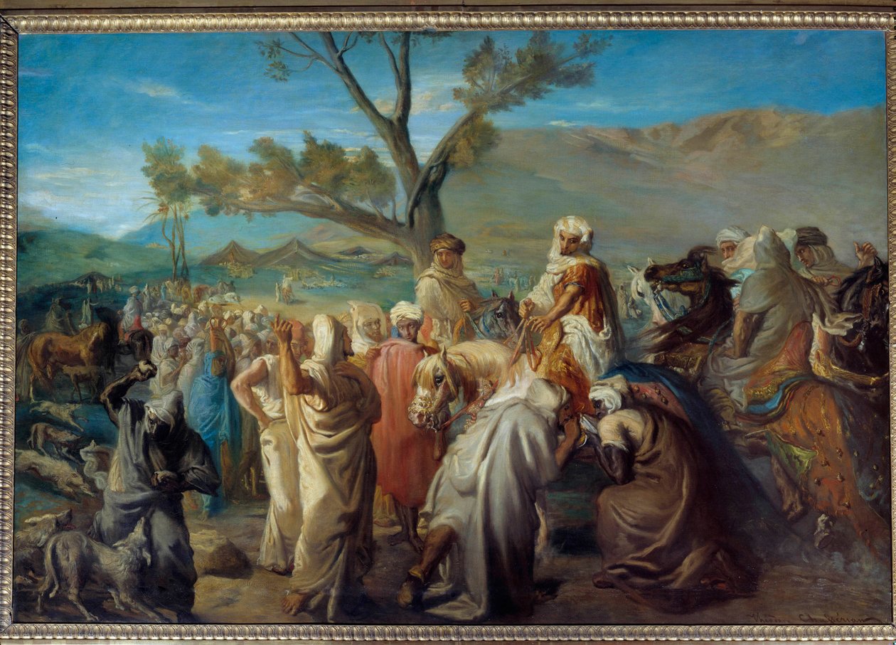 Orientalismi: "" Caid vierailemassa douarissa""" Marokkolainen kokki telttaleirillä. Theodore Chasseriaun (1819-1856) maalaus 1849 Sun. 1,42 x 2 m tekijältä Théodore Chassériau