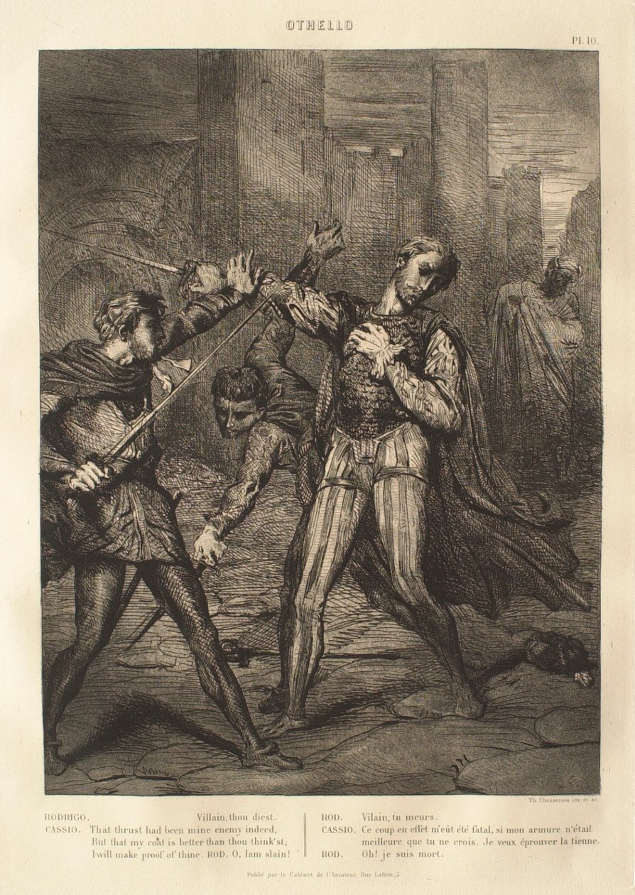 Othello-sarja: nro 10 (5. näytös, 1. kohtaus: Katutappelu: Rodrigo ja Cassio) tekijältä Théodore Chassériau