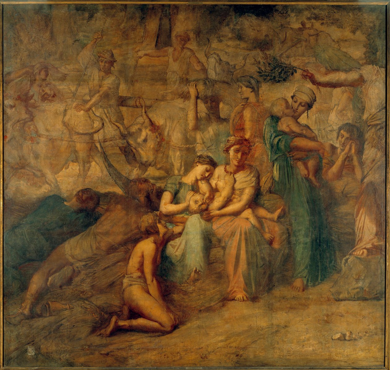 Rauha Allegorinen esitys äidin ja lapsen ja laumojen kanssa. Theodore Chasseriaun (1819-1856) maalaus Cour des comptes -portaista 1800-luvun su. 3,4x3,6 m tekijältä Théodore Chassériau