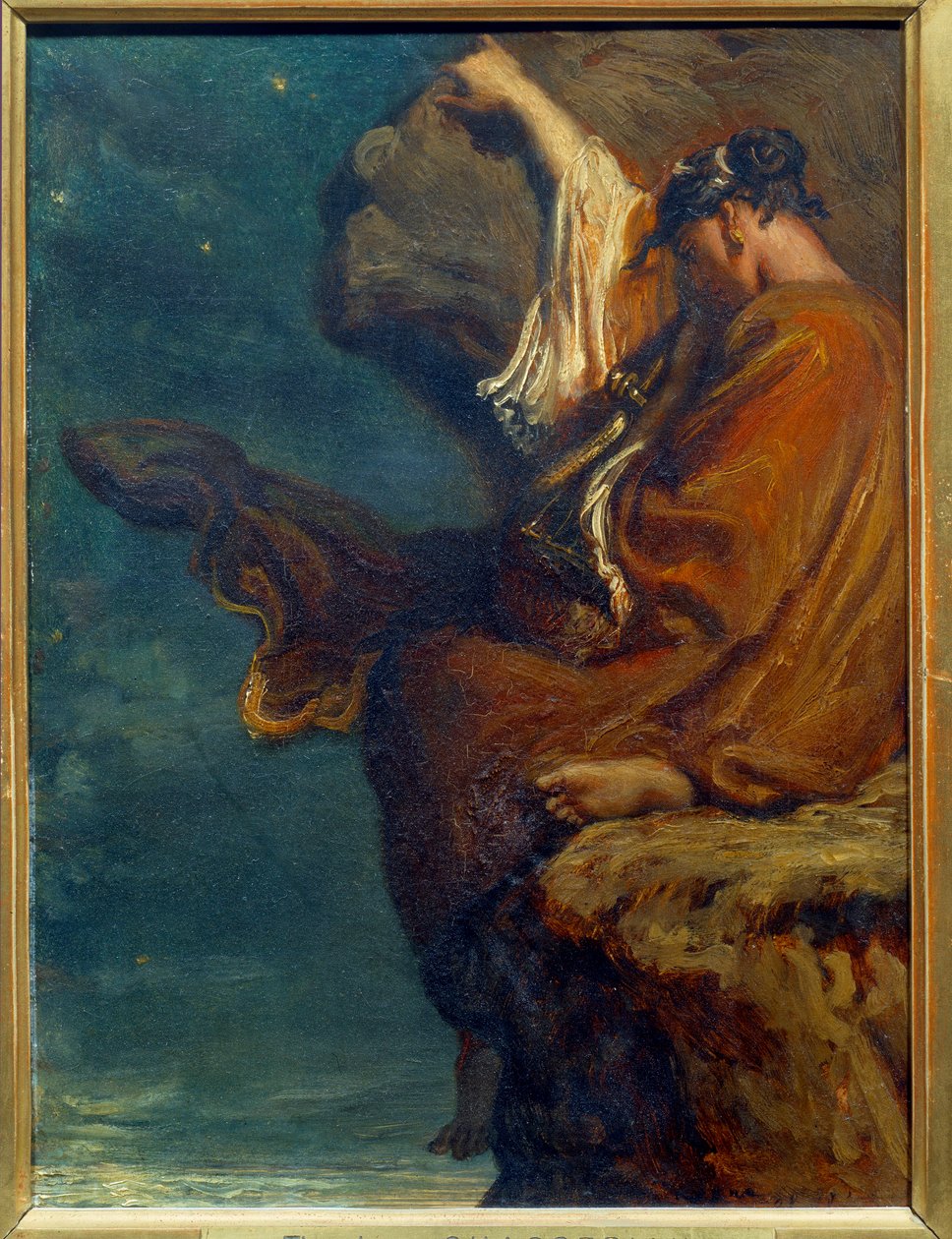 Sapho Kreikkalainen runoilija Sapho (Sappho) (noin 600 eKr.) istuu kivellä ja katselee merta melankoliasta. Theodore Chasseriaun (1819-1856) maalaus 1849 Sun. 0,27x0,21 m Pariisi, musee d