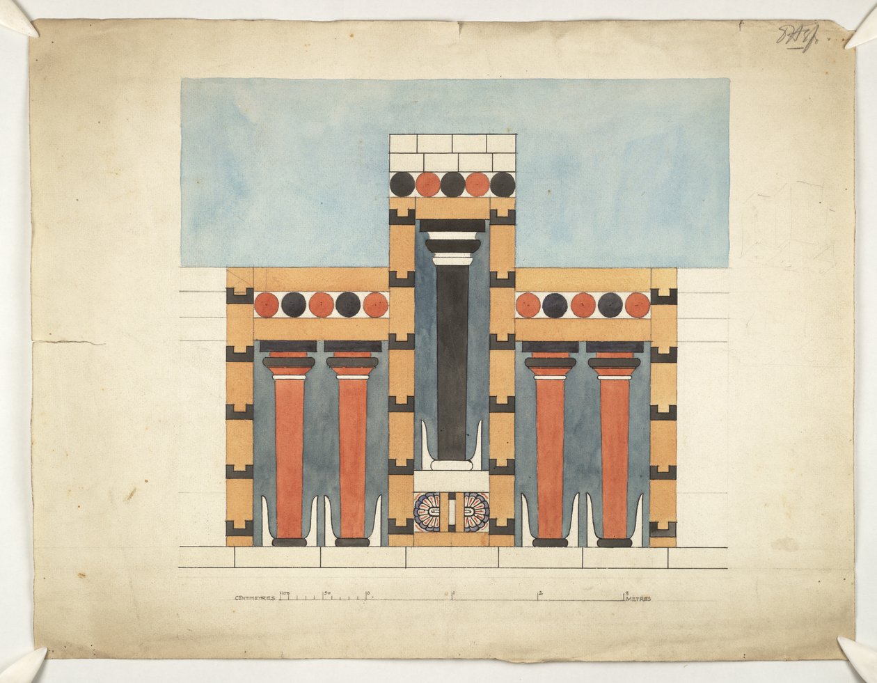 Maalaus, jossa kuvataan uudelleen Keski-kolmiosainen pyhäkkö Knossoksen Minoksen palatsin keskusoikeudessa (Evans Architectural Plans WW/15) tekijältä Theodore Fyfe