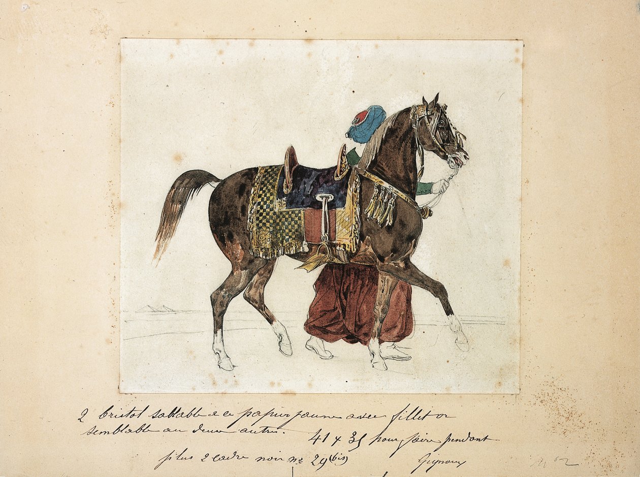Valjastettu hevonen mamelukin johdolla, taustalla kaksi pyramidia (kynä ja akvarelli paperille) tekijältä Theodore Gericault