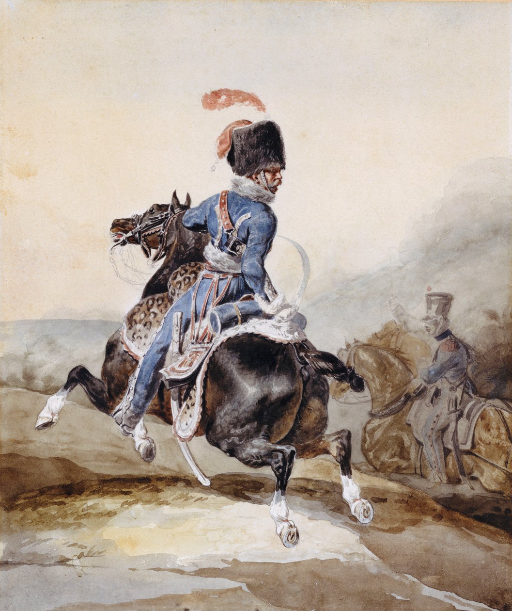 Tykistöupseeri laukkaa vasemmalle tekijältä Theodore Gericault