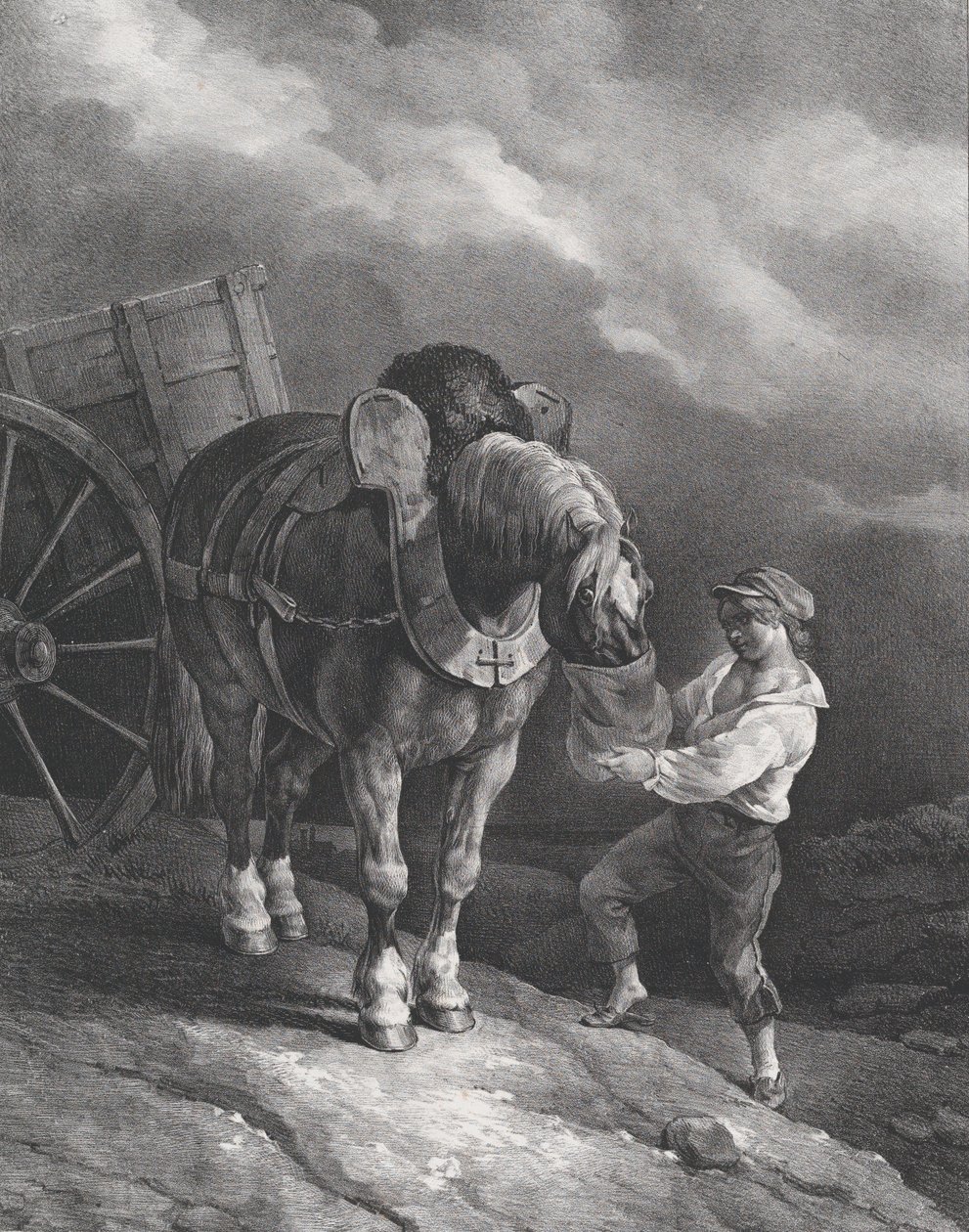 Poika ruokkimassa kärryhevosta nenäpussista, 1822. tekijältä Theodore Gericault