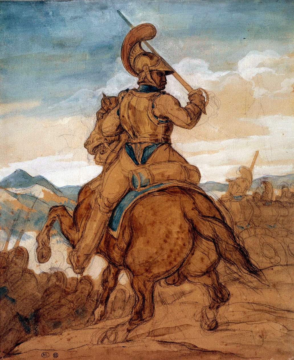 Carabinier tai cuirassier hevosen selässä Vesiväri, guassi, pesu Theodore Gericault (1791-1824) 1800-luvun su. 0,25x0,22 m Pariisi, Louvre-museo tekijältä Theodore Gericault