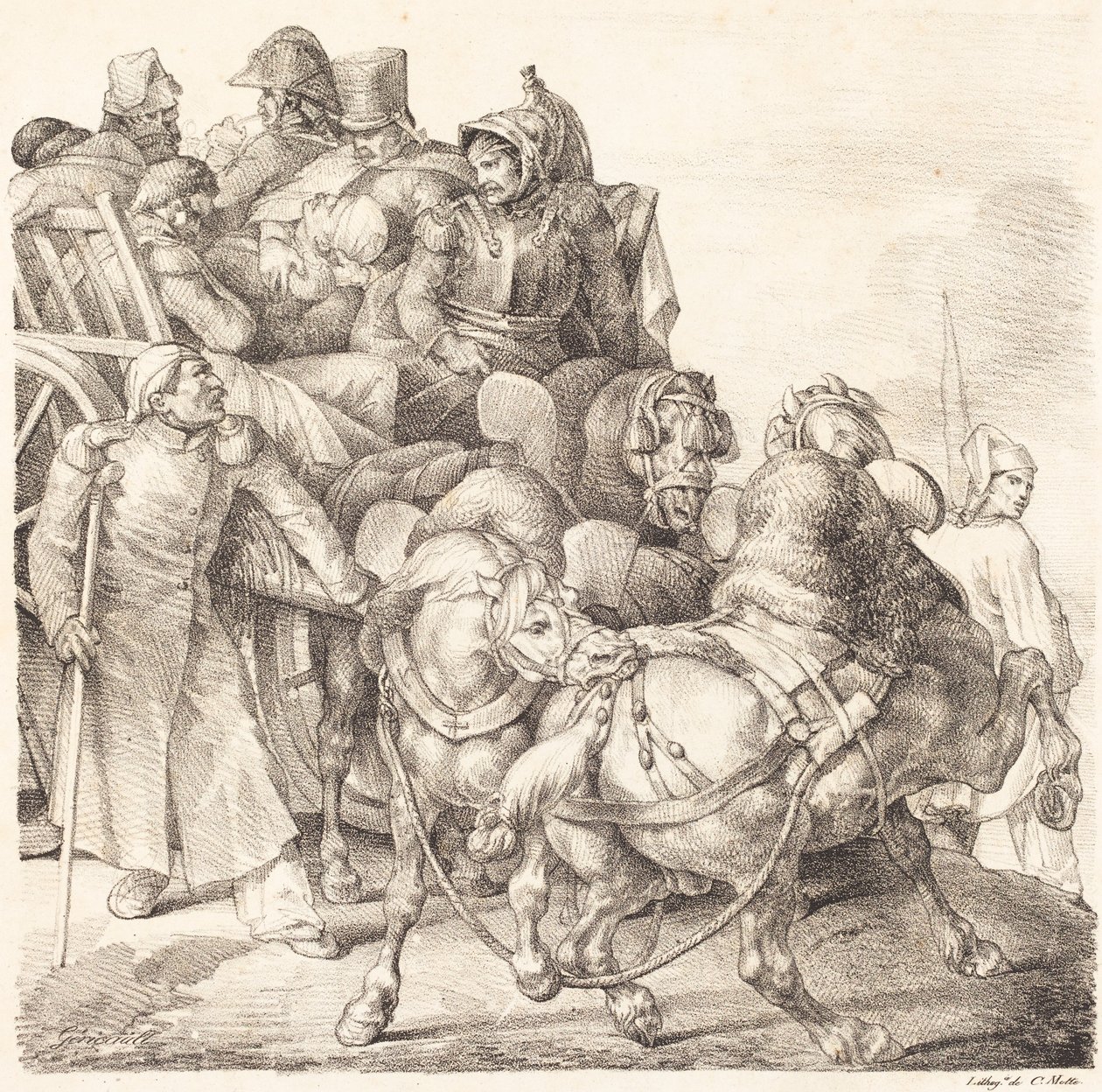 Kärry täynnä haavoittuneita sotilaita (Chariot charge de soldats siunaa) tekijältä Theodore Gericault