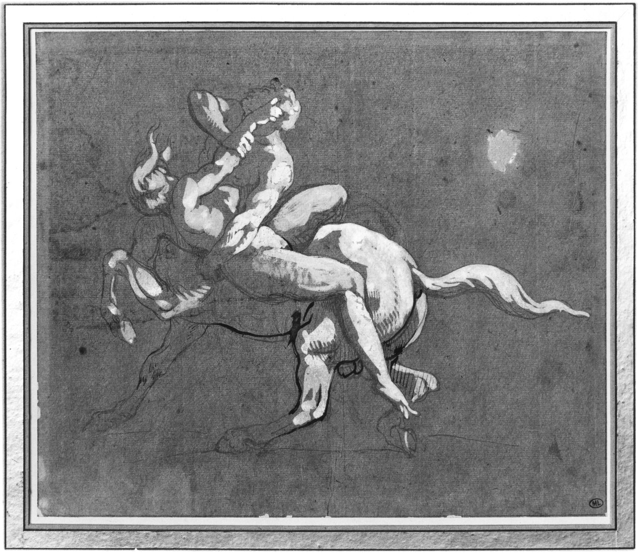 Kentauri sieppaa nymfin (kynä, mustetta ja guassi öljytylle paperille) tekijältä Theodore Gericault