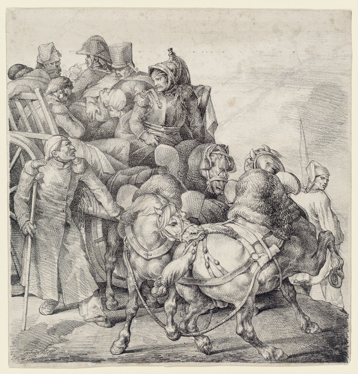 Haavoittuneita sotilaita kuljettava vaunu (A Wagon Full of Wounded Soldiers) tekijältä Theodore Gericault