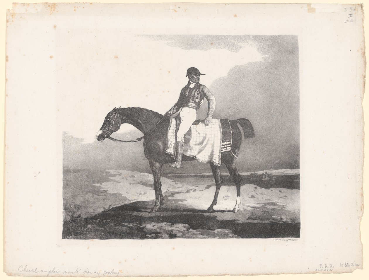 Englantilainen hevonen, jota ratsastaa jockey (English Horse Mounted by a Jockey) tekijältä Theodore Gericault