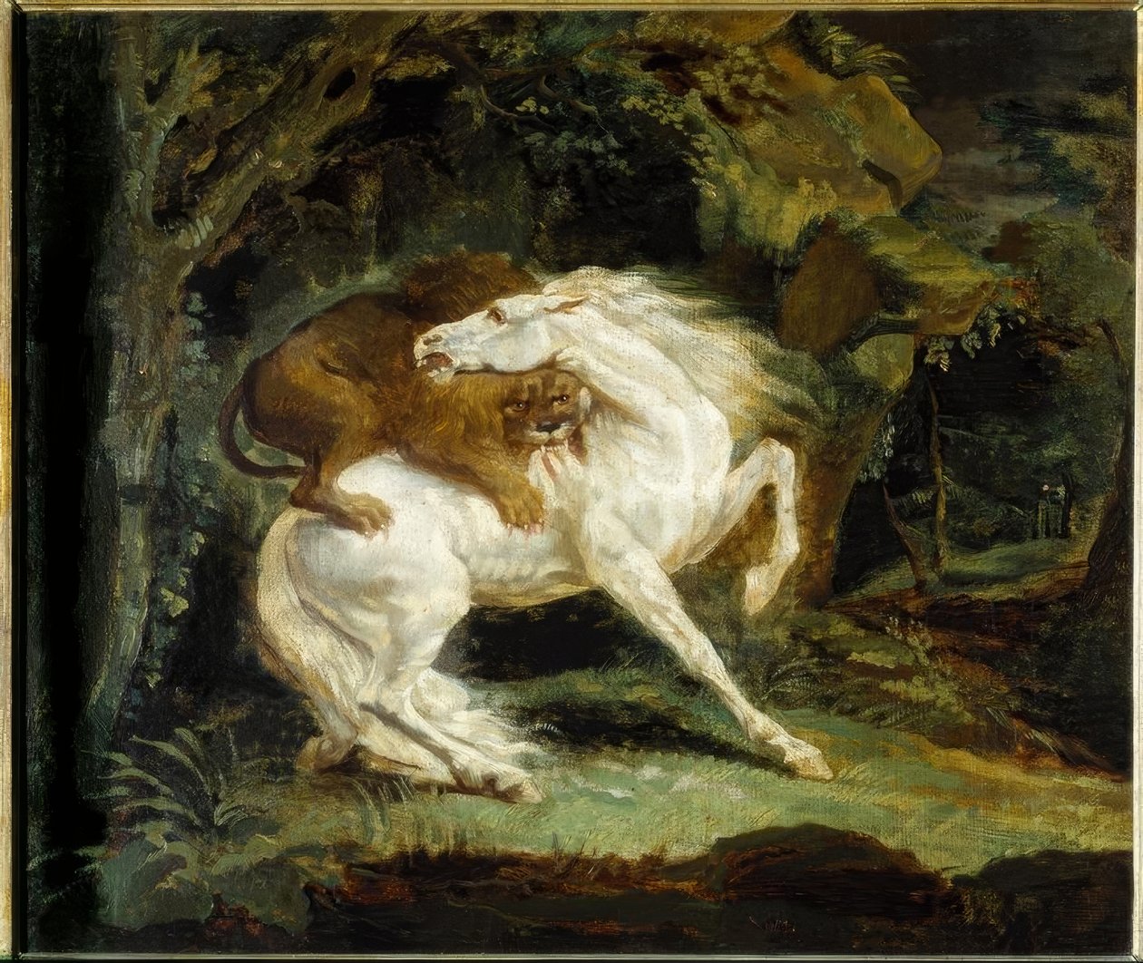 Cheval attaqué par un lion tekijältä Theodore Gericault