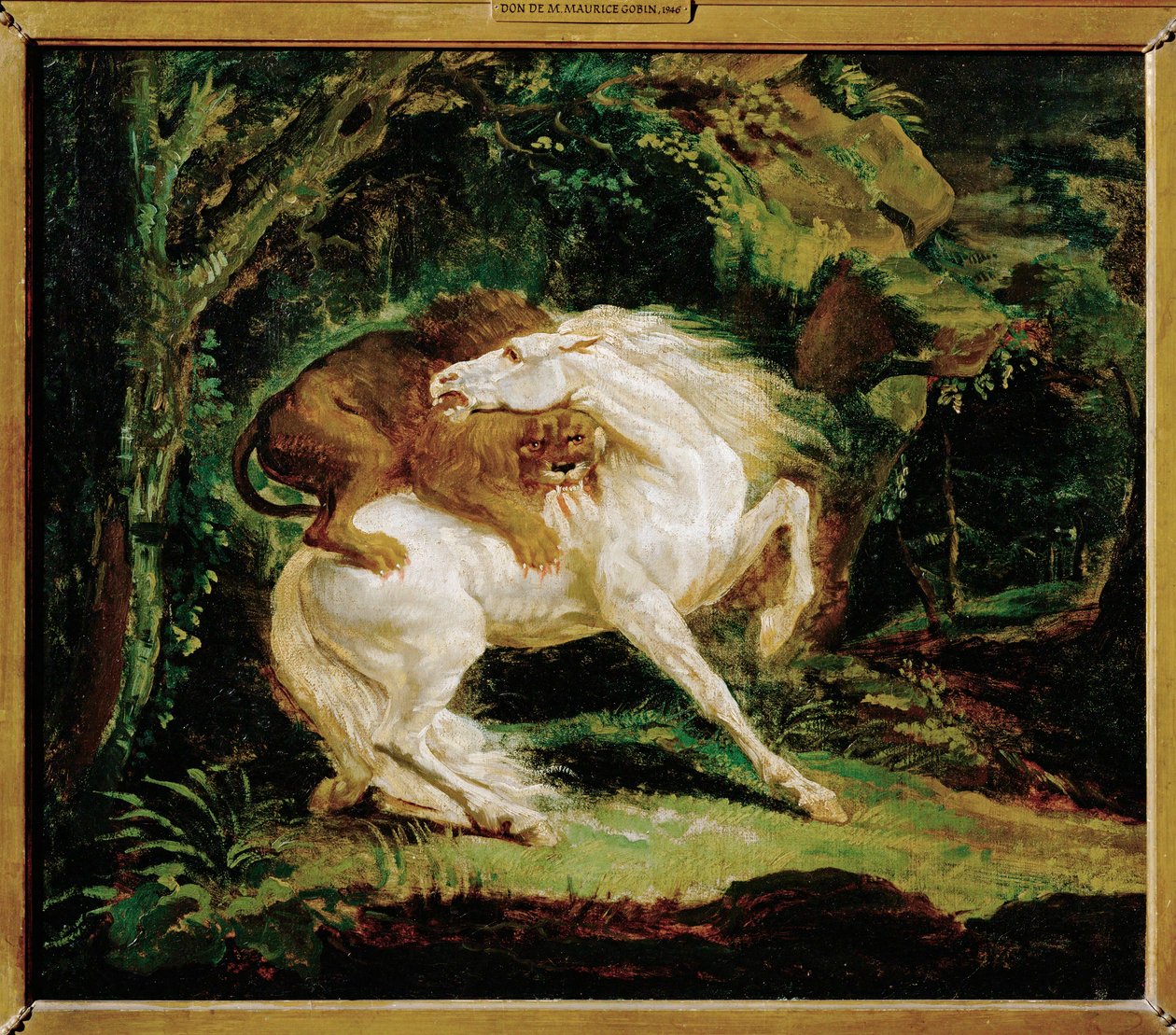 Cheval attaque par un lion - hevonen, jonka kimppuun leijona hyökkää, Laurien etsauksen ja George Stubbsin maalauksen mukaan ... tekijältä Theodore Gericault