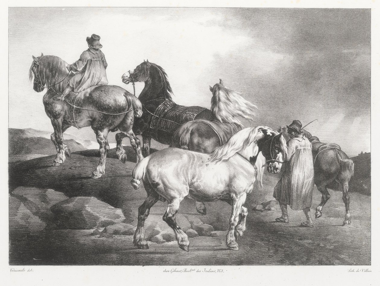 Markkinoille vietävät hevoset (Horses Being Led to the Fair) tekijältä Theodore Gericault
