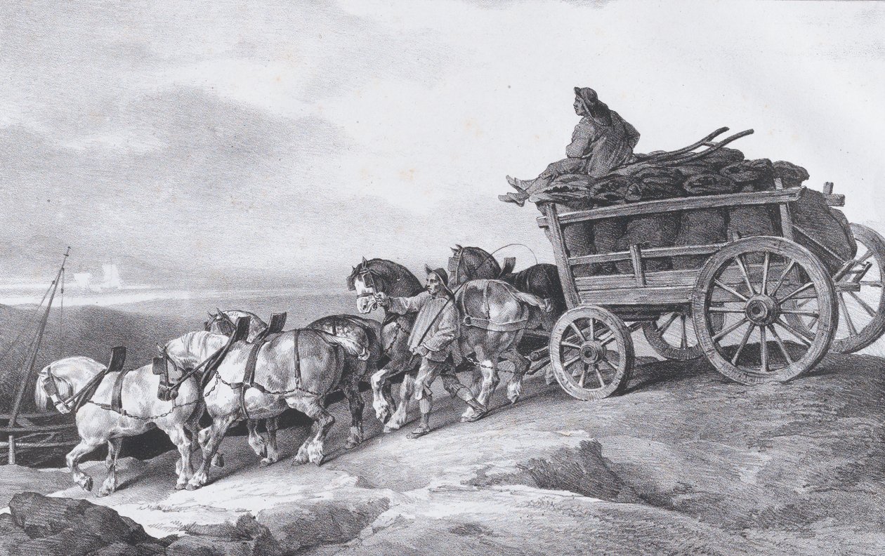 Hiilivaunu [sic.] Hevosten piirtämä, 1822. tekijältä Theodore Gericault