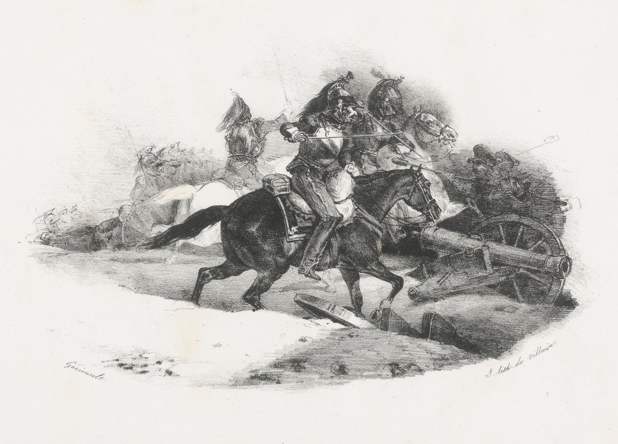 Kyrassierit hyökkäävät tykistöpatteria vastaan (Cuirassiers Charging An Artillery Battery) tekijältä Theodore Gericault