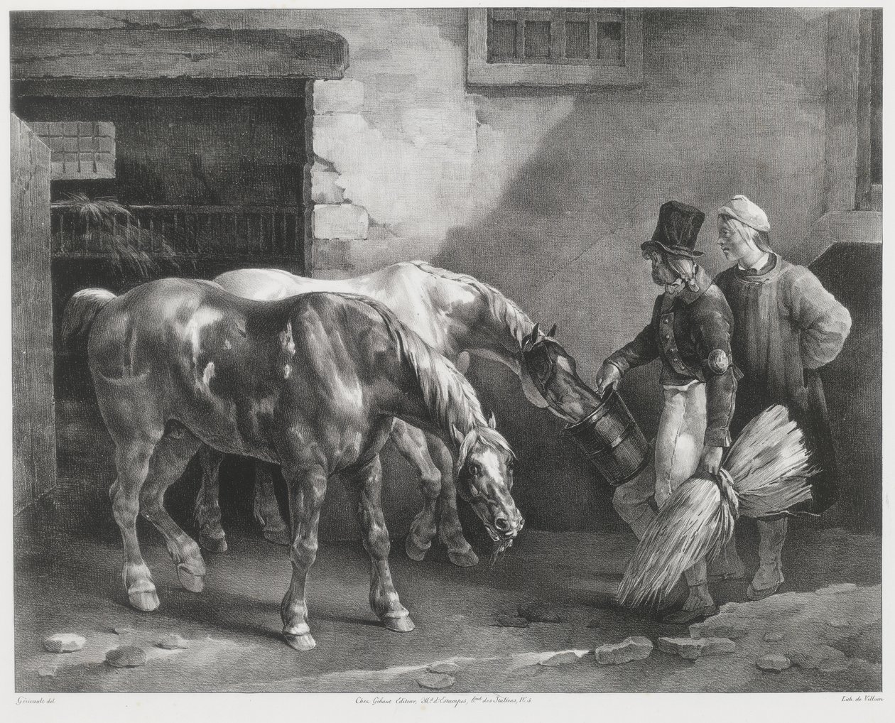 Kaksi postiainetta tallin ovella (Two Post-Horses at a Stable Door) tekijältä Theodore Gericault