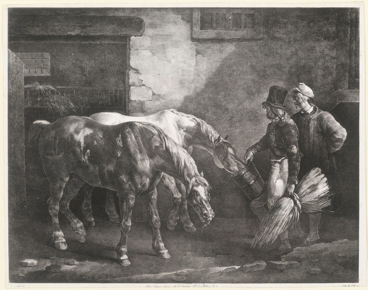 Kaksi postiahevosta tallin ovella (Two Post-Horses at a Stable Door) tekijältä Theodore Gericault