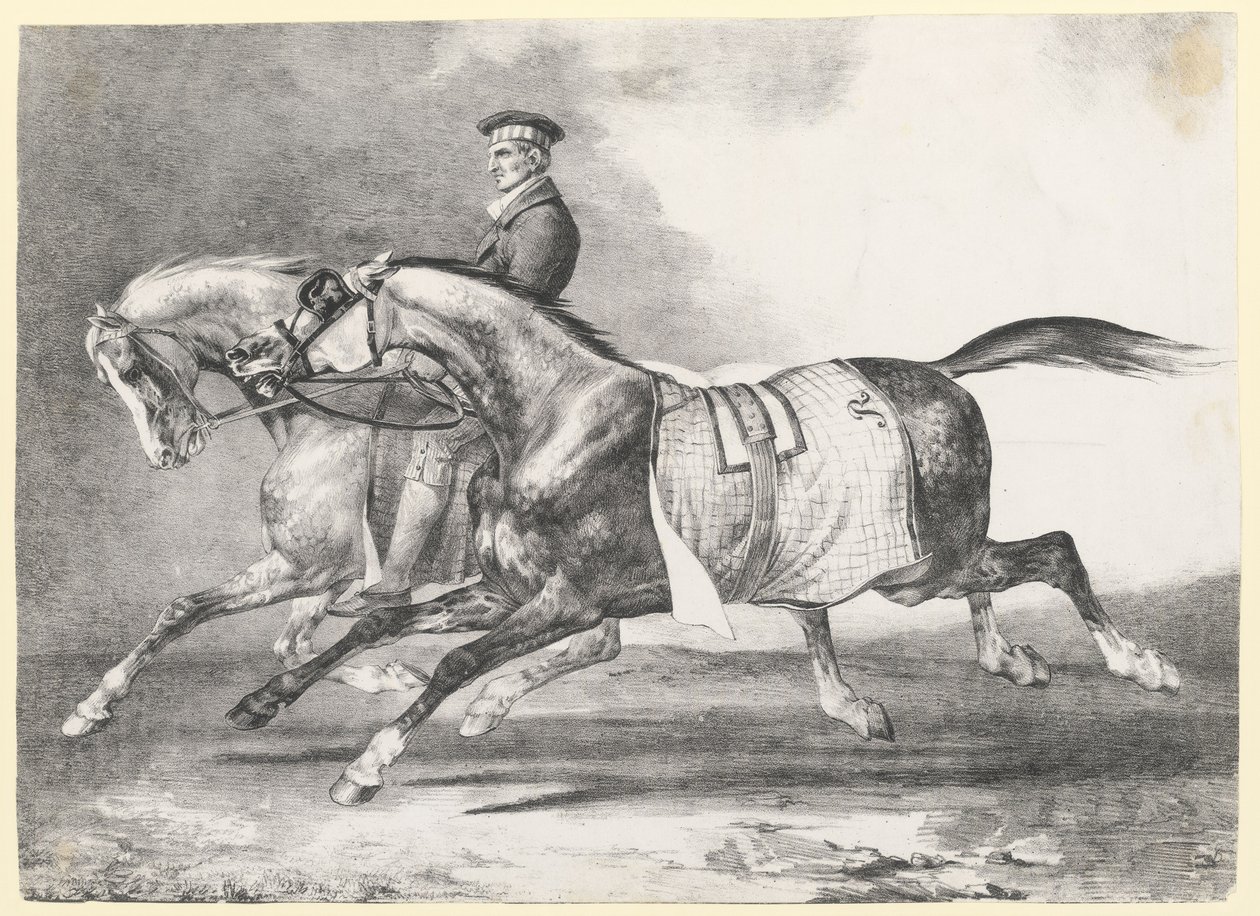 Kaksi pilkullista harmaata hevosta ulkoilutettavana (Two Dapple-Grays Being Exercised) tekijältä Theodore Gericault